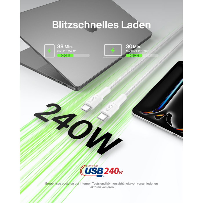 Belkin Câble USB-C vers USB-C BoostCharge Pro 240W tressé, 2m, blanc Belkin Câble USB-C vers USB-C BoostCharge Pro 240W tressé, 2m, blanc