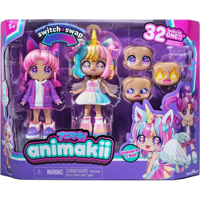 Bandai Animakii HEA26348 Coffret poupée à personnaliser Licorne et Chauve-souris, jouet créatif pour enfants Bandai Animakii HEA26348 Coffret poupée à personnaliser Licorne et Chauve-souris, jouet créatif pour enfants