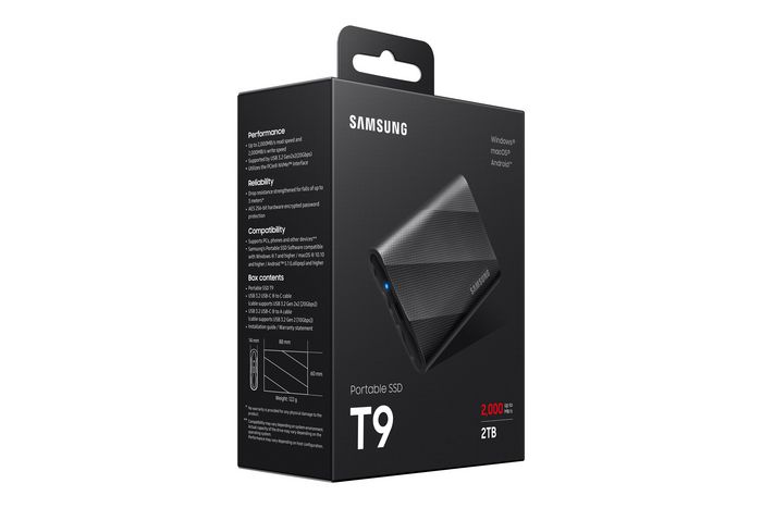 Samsung T9 SSD Externe Portable 2To USB 3.2 Gen 2x2 NVMe - Jusqu'à 2000 MB/s, Résistant aux chocs (3 m), Garantie 5 ans, Compact