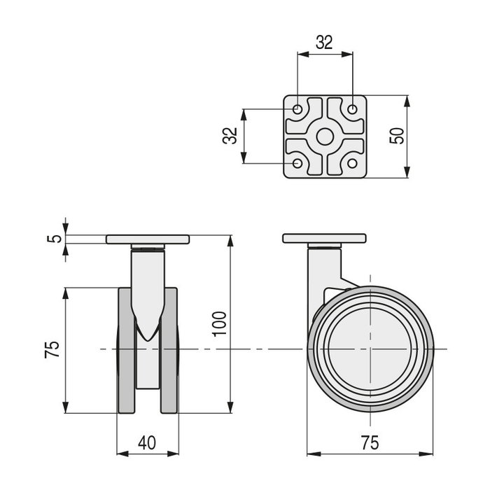 STAMPMATIC Roulette pivotante Vega, acier Φ75mm avec plaque et frein, finition blanche
