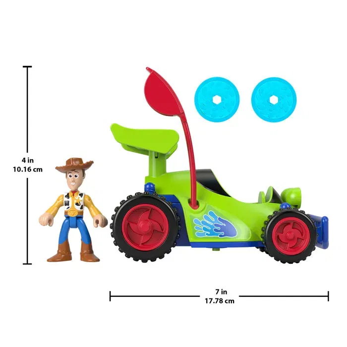 Imaginext Imxt - Véhicule Radiocommandé Toy Story avec Figurine Woody Articulée et Lanceur de Disques Catapulte