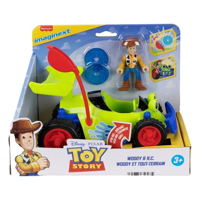 Imaginext Imxt - Véhicule Radiocommandé Toy Story avec Figurine Woody Articulée et Lanceur de Disques Catapulte