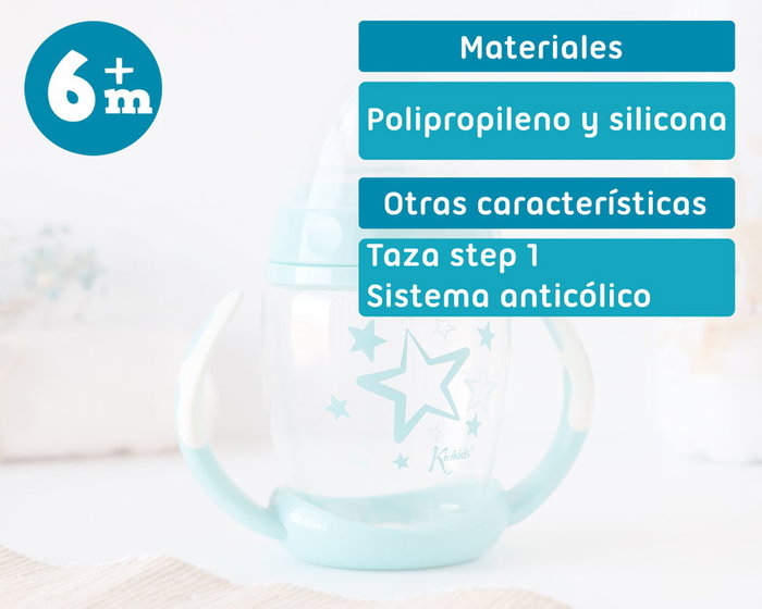 KioKids Tasse d'apprentissage 270 mL Soft Nordic Step 1 à succion rapide anticolique avec anses et design étoiles bleu - Bébé +6 mois