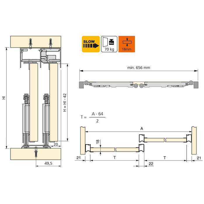 Emuca Kit de ferrures pour Placard 81, 2 portes coulissantes, profilé Wave, Anodisé mat