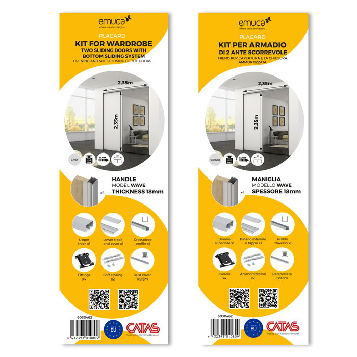 Emuca Kit de ferrures pour Placard 81, 2 portes coulissantes, profilé Wave, Anodisé mat