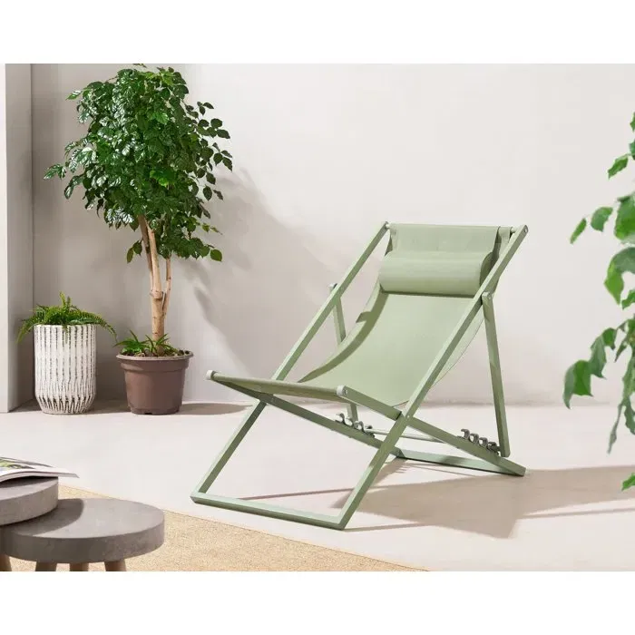 PAROS Chaise longue pliable extérieur, structure en acier avec tissu Textilene vert kaki, Dimensions : 63 x 104 x 97 cm