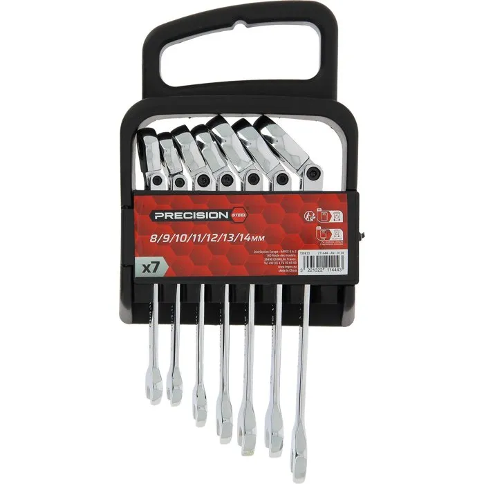 Precision Steel - Jeu de 7 clés mixtes à cliquet 8/9/10/11/12/13/14 mm avec œil inclinable à 180°, en acier