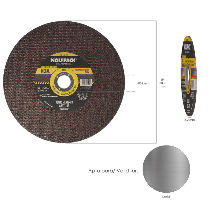 WOLFPACK LINEA PROFESIONAL Disco Corte Abrasivo Metal 300x3,0x30mm