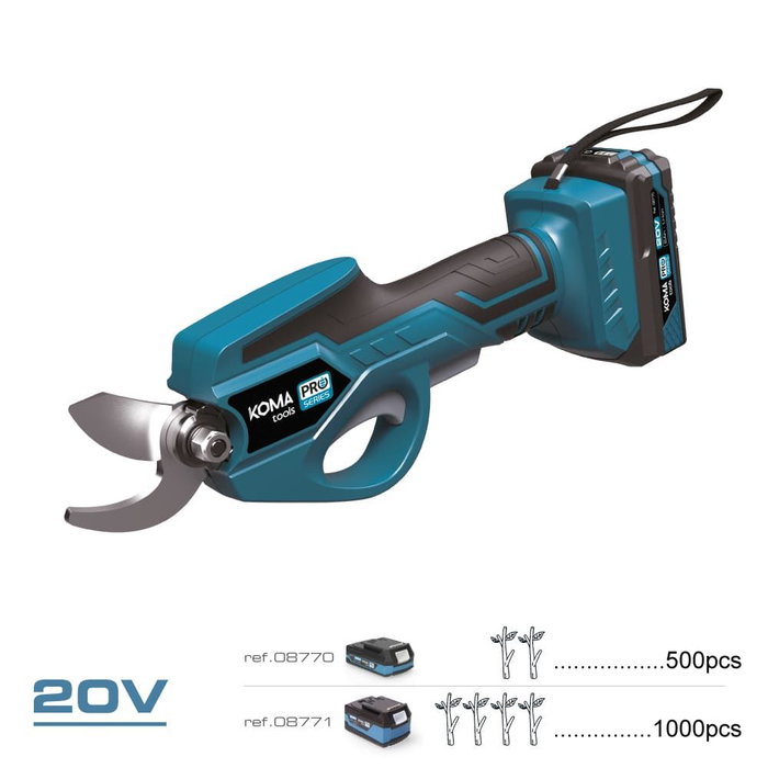 Koma Tools 20v-tp Kit Sécateur Électrique 20 V avec Batterie 2.0 Ah et Chargeur, Minceur, Coupe Ø 28 mm, Bleu/Noir