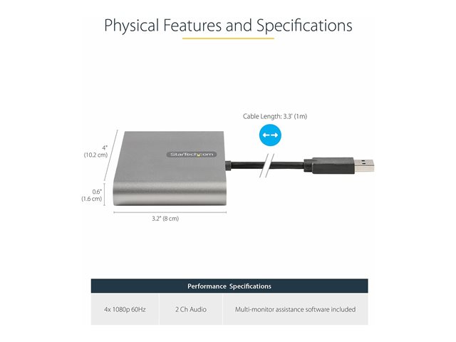 StarTech.com Adaptateur USB 3.0 vers 4 Ports HDMI (USB32HD4) - Full HD 1080p 60Hz, Multimédia Multimoniteur pour Windows 10