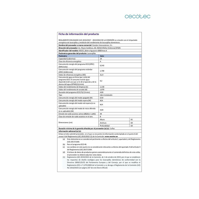 Lave-vaisselle Cecotec Aguazero 6800 Inox A 59,8 cm Acier