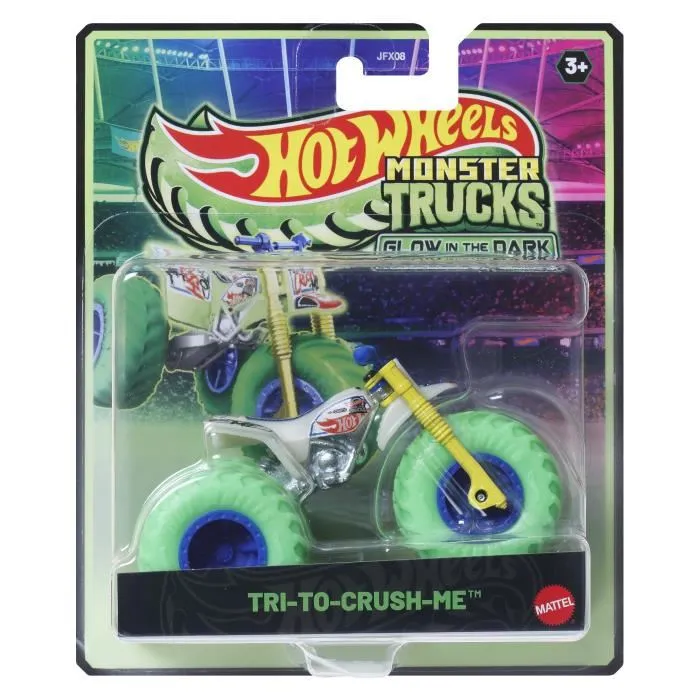 Hot Wheels Camion Monster Truck JFX08 phosphorescent brillant dans le noir 1:64 pour enfant à partir de 3 ans