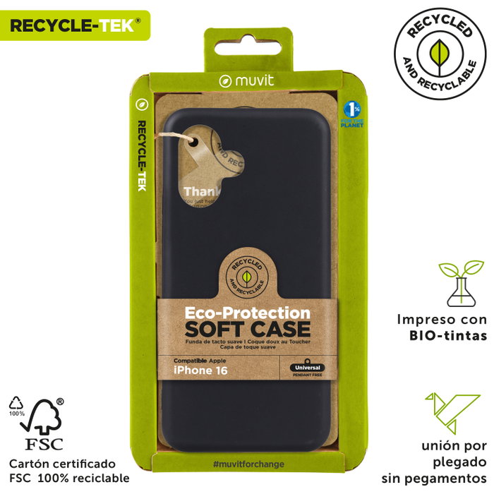 Muvit Recycletek Coque pour Apple iPhone 16, Fabriquée avec 100% Matériaux Recyclés, Flexible, Écologique