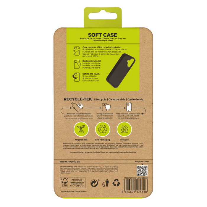 Muvit Recycletek Coque pour Apple iPhone 16, Fabriquée avec 100% Matériaux Recyclés, Flexible, Écologique
