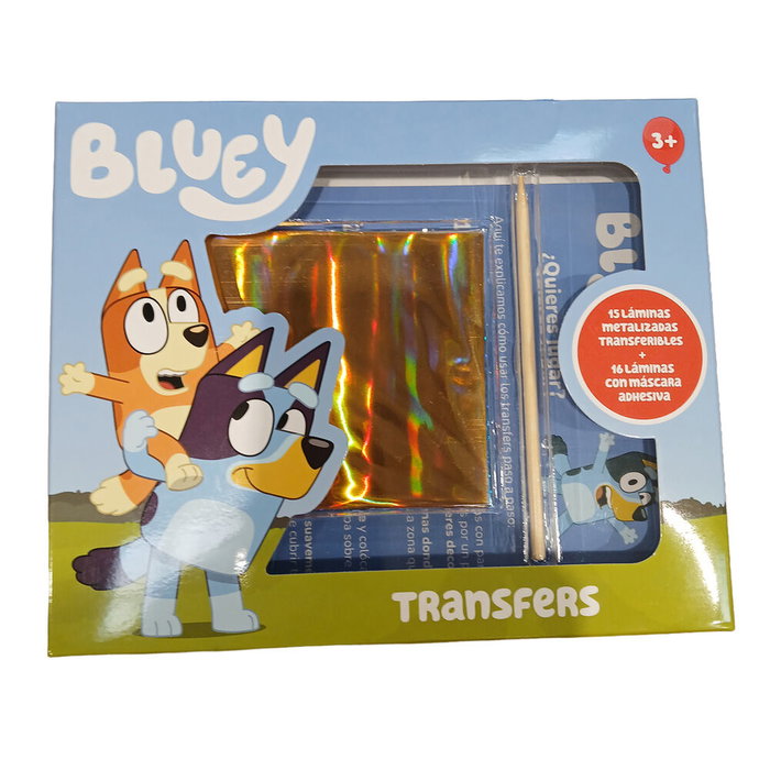 MOOSE - Maletin Transfers Bluey - Trousse de transferts Bluey avec 16 pages, 10 autocollants métallisés et grattoir - 19x23x2,5 cm