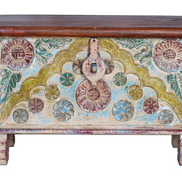 GINER Y COLOMER Bâûl coffre de rangement en bois de manguier couleur noyer, style ethnique avec détails en bronze, ouverture supérieure - 80x40x45 cm