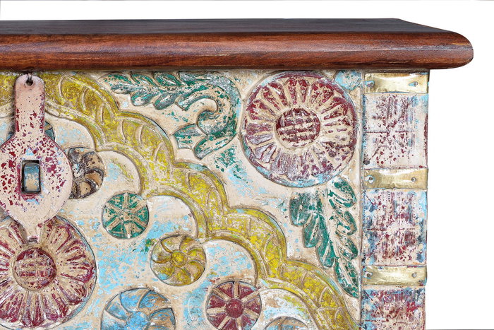 GINER Y COLOMER Bâûl coffre de rangement en bois de manguier couleur noyer, style ethnique avec détails en bronze, ouverture supérieure - 80x40x45 cm