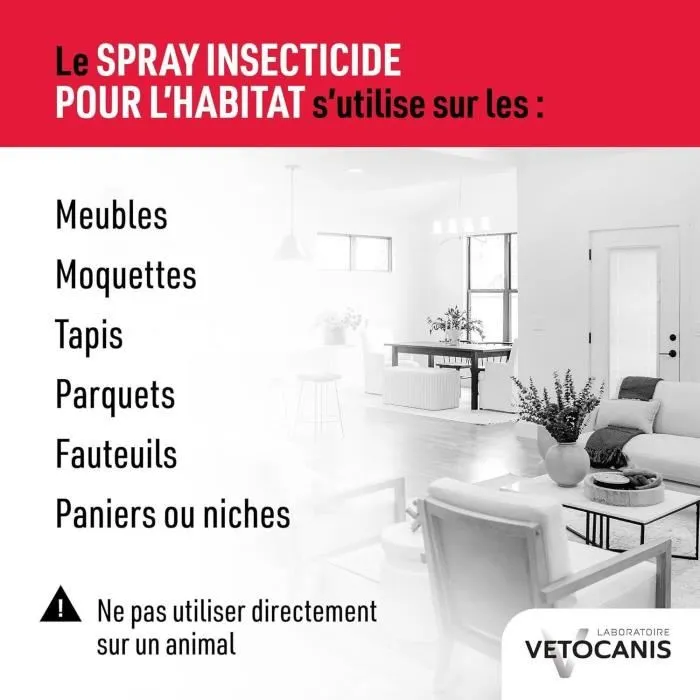 Vetocanis Spray anti-parasitaires pour habitat - Anti-puces et anti-tiques, élimine puces, tiques et leurs œufs, efficacité 6 mois, fabriqué en France