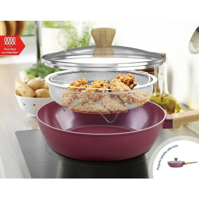 Arthur Martin AM3056 Sauteuse 24 cm Revêtement Céramique, Compatible Tous Feux Dont Induction, avec Couvercle et Panier Inox, Couleur Prune