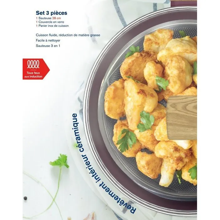 Arthur Martin AM3056 Sauteuse 24 cm Revêtement Céramique, Compatible Tous Feux Dont Induction, avec Couvercle et Panier Inox, Couleur Prune