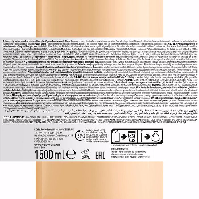 L'Oréal Professionnel Paris Shampooing Absolut Repair Gold Cheveux Abîmsés Protéine de Quinoa Doré 1500 ml