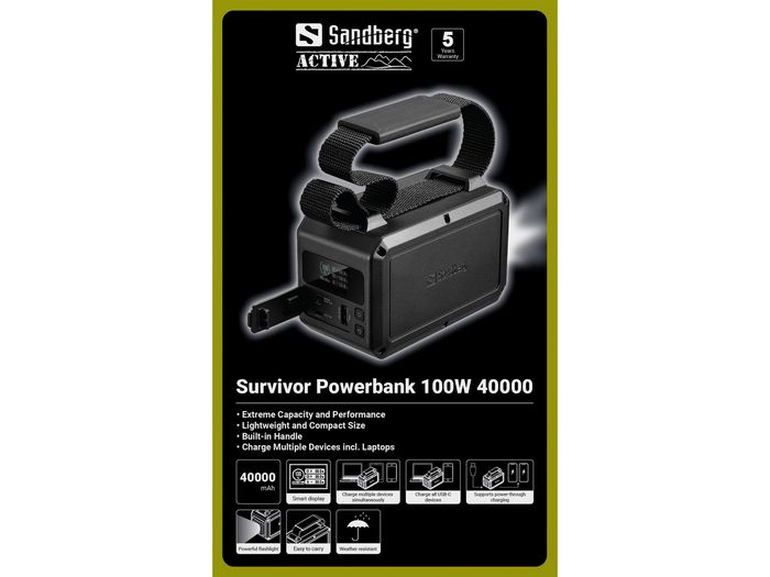 Sandberg Survivor Powerbank 40000 mAh 100W - Batterie Externe Haute Capacité USB-C pour Ordinateur Portable, Portable, Compacte avec Poignée et Étanche Sandberg Survivor Powerbank 40000 mAh 100W - Batterie Externe Haute Capacité USB-C pour Ordinateur Portable, Portable, Compacte avec Poignée et Étanche