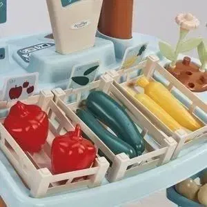 Ecoiffier Etal de marché Vert Azur, jeu d'imitation pour enfant avec chariot, balance, fruits, légumes, cagettes, fleurs et accessoires, Origine France