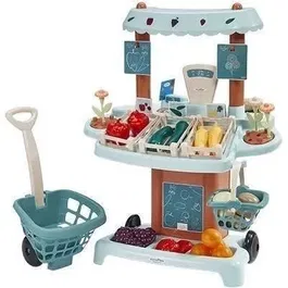 Ecoiffier Etal de marché Vert Azur, jeu d'imitation pour enfant avec chariot, balance, fruits, légumes, cagettes, fleurs et accessoires, Origine France