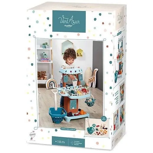 Ecoiffier Etal de marché Vert Azur, jeu d'imitation pour enfant avec chariot, balance, fruits, légumes, cagettes, fleurs et accessoires, Origine France