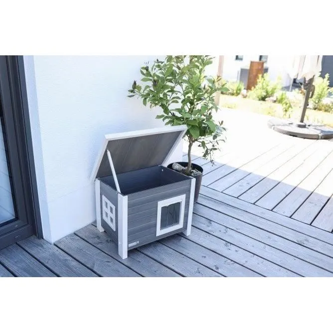 Kerbl ECO Eli Maison extérieure pour chat en composite durable - Toit rabattable, vitre en plexiglas - Gris et Blanc - 57 x 45 x 43 cm