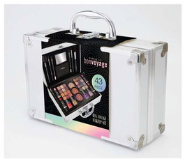 Markwins Maletin metalico maquillaje viajel Bon Voyage - Coffret maquillage métallique 43 pièces avec palettes, rouges à lèvres, vernis, pinceaux (25,60x18,50x9,5 cm)