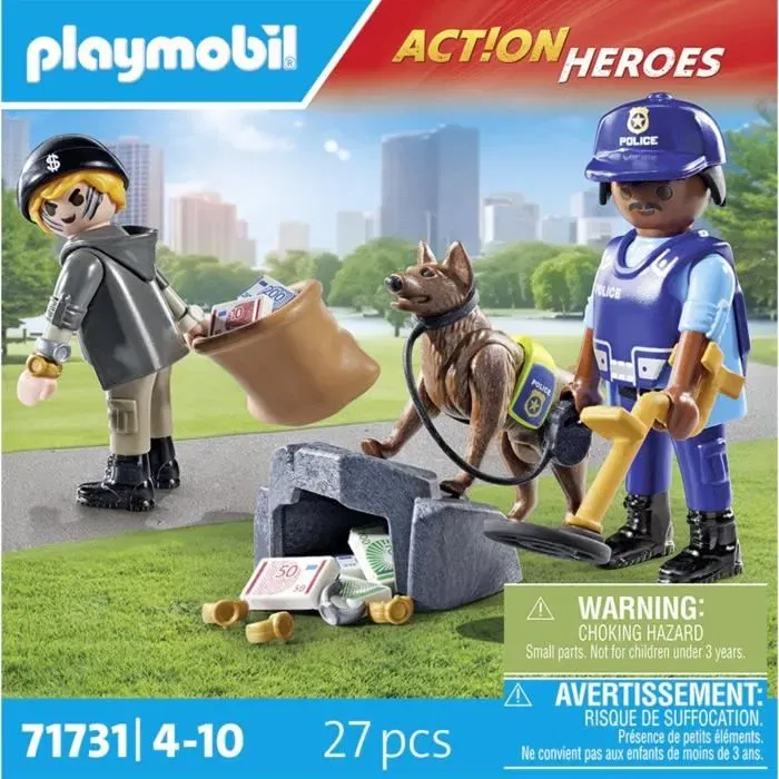 Playmobil 71731 - Coffret Policier avec Chien de Recherche et Voleur, 27 pièces, Les Policiers Action Heroes, À partir de 4 ans