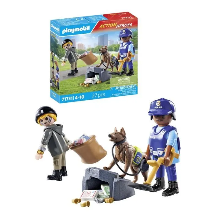 Playmobil 71731 - Coffret Policier avec Chien de Recherche et Voleur, 27 pièces, Les Policiers Action Heroes, À partir de 4 ans