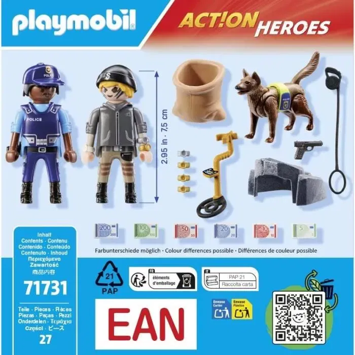 Playmobil 71731 - Coffret Policier avec Chien de Recherche et Voleur, 27 pièces, Les Policiers Action Heroes, À partir de 4 ans
