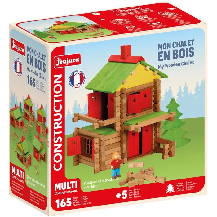 Jeujura Chalet en Bois 165 Pièces - Jeu de Construction en Bois Naturel à Assembler - Jouet Éducatif pour Enfants dès 5 Ans - Boîte 28 * 28 * 14 cm