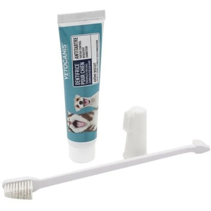 Vetocanis Kit Dentaire pour Chien - Brosse à Dents Double Tête, Dentifrice et Doigt de Massage Silicone - Réduit Tartre et Mauvaise Haleine