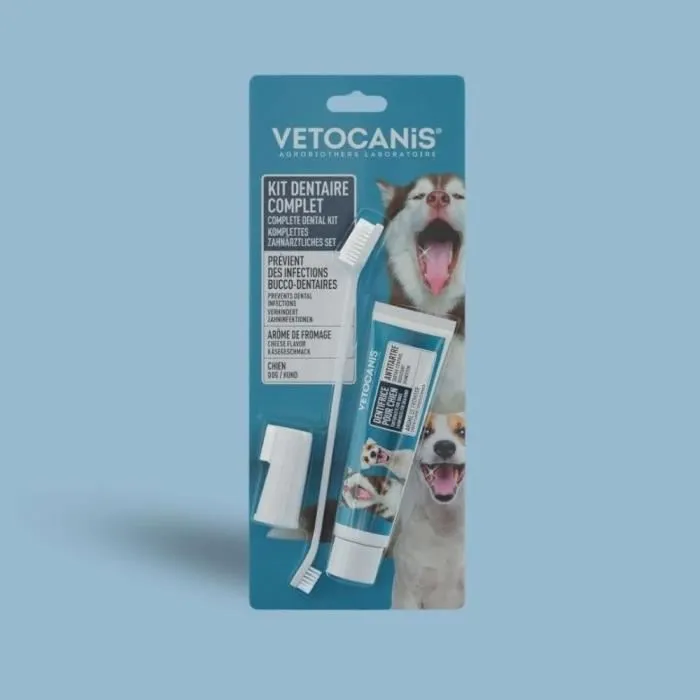 Vetocanis Kit Dentaire pour Chien - Brosse à Dents Double Tête, Dentifrice et Doigt de Massage Silicone - Réduit Tartre et Mauvaise Haleine