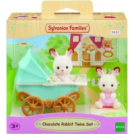 Sylvanian Families - Les jumeaux Lapin Chocolat et leur poussette double - Figurines miniatures avec accessoires - Jouet pour enfant à partir de 3 ans