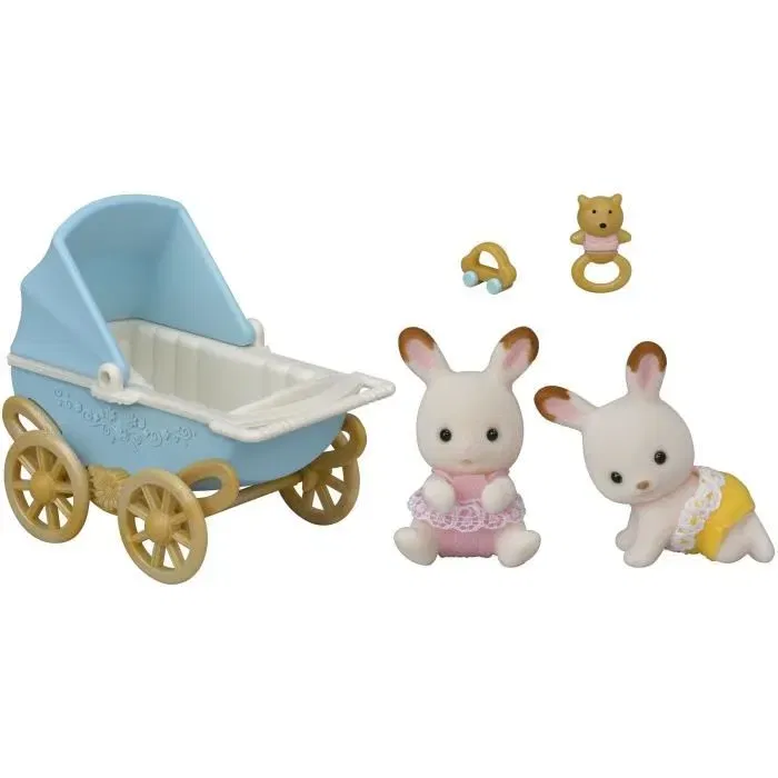 Sylvanian Families - Les jumeaux Lapin Chocolat et leur poussette double - Figurines miniatures avec accessoires - Jouet pour enfant à partir de 3 ans