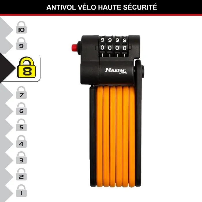 Master Lock 8336EURDPRO - Antivélo pliable à code programmable 4 chiffres, 10 000 combinaisons, acier trempé 180 mm, support inclus Master Lock 8336EURDPRO - Antivélo pliable à code programmable 4 chiffres, 10 000 combinaisons, acier trempé 180 mm, support inclus