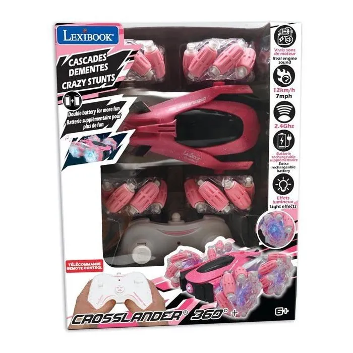 Lexibook Crosslander 360+ - Voiture télécommandée Tout-Terrain Rose, Rechargeable, Programmable, avec Éclairages et 4 Roues Directionnelles, pour Enfants 6 Ans et Plus