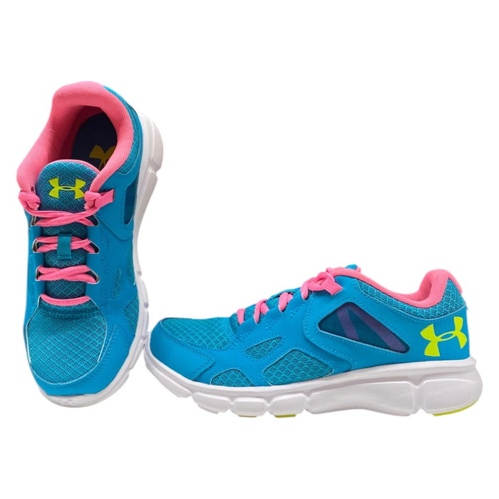Under Armour Chaussures de sport de course Thrill pour hommes - Bleu, Rose, Jaune - Taille 4/38 Under Armour Chaussures de sport de course Thrill pour hommes - Bleu, Rose, Jaune - Taille 4/38