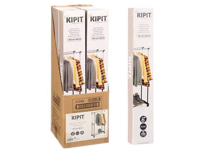 Kipit Portemanteau Double Roues 75x11x7cm Noir Acier Inoxydable et Plastique (Set de 6)