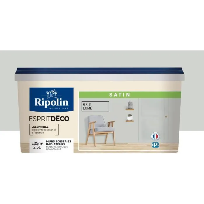 Ripolin Esprit Deco Peinture Satin Gris Lome 2,5 l pour Murs, Boiseries et Radiateurs