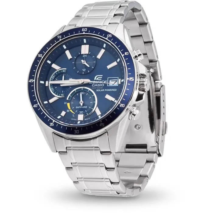 Casio Montre EDIFICE - Boîtier acier inoxydable 46 mm gris, bracelet acier, mouvement quartz, verre saphir, étanche 10 ATM pour natation