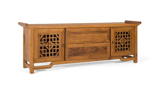 GINER Y COLOMER - Meuble TV en teck massif, 180 cm, 2 portes avec motifs géométriques et 2 tiroirs, finition claire miel, style ethnique contemporain