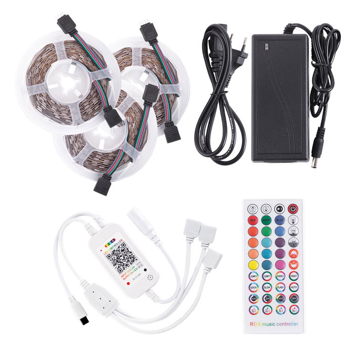 Kit Ruban LED RGB 15m 108W 4500Lm 450 LEDs avec Télécommande et Contrôle Bluetooth Kit Ruban LED RGB 15m 108W 4500Lm 450 LEDs avec Télécommande et Contrôle Bluetooth