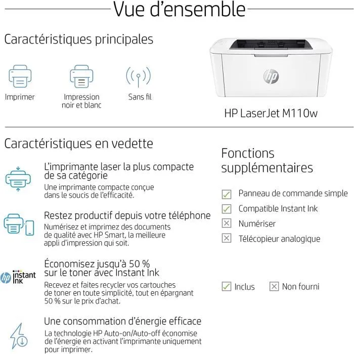 HP Imprimante Laser LaserJet M110w Monofonction Noir et Blanc Compacte avec Wi-Fi et Application HP Smart pour Bureau