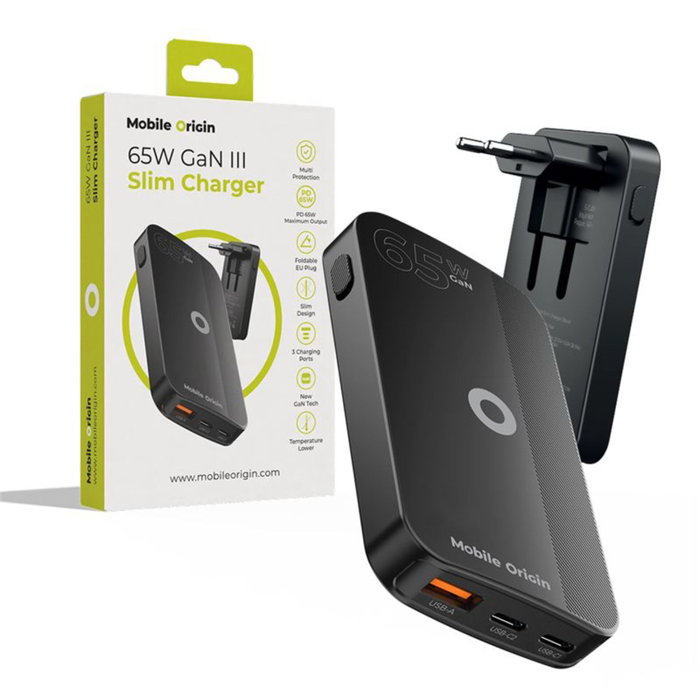 Mobile Origin 65W GaN Slim Dual USB-C Single USB-A Noir Mobile Origin 65W GaN Slim Dual USB-C Single USB-A Noir