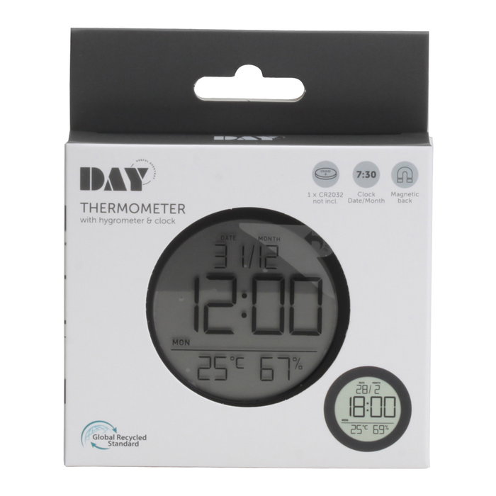Day Thermomètre et Hygromètre avec Horloge et Date